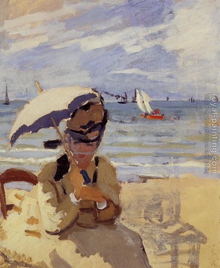 Claude Oscar Monet : Camille Sitting on the Beach at Trouville